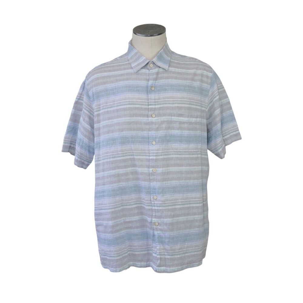 Tasso Elba Island Men's Short Sleeve Button Down XL Hawaiian Blue Linen Shirt